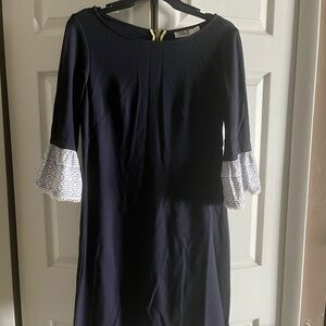 Eliza J ruffle bell sleeve sheath dress navy